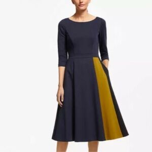 Boden Claudia ponte colorblock midi dress in Navy Black Yellow 3/4 Sleeve‎